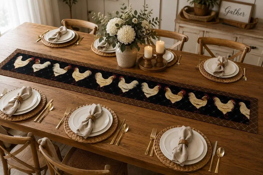 Vintage Handmade Rooster Table Runner Farmhouse Country Rustic Tapestry 70 x 12